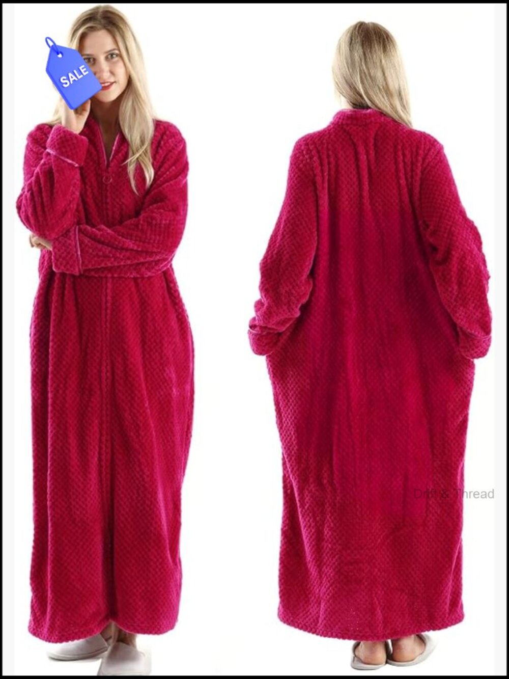 Womens Fleece Long Zipper Bathrobe Cozy Winter Housecoat Plus Size